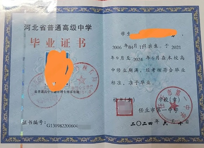 海州任丘市第一中学高中毕业证样本图片